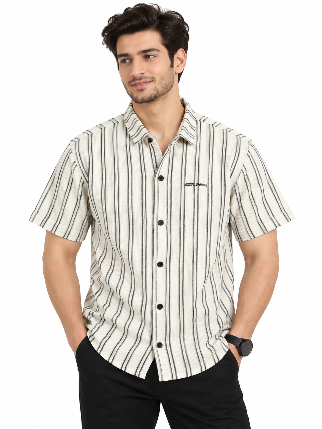 Men’s Off-White Vertical Stripe Short Sleeve Shirt