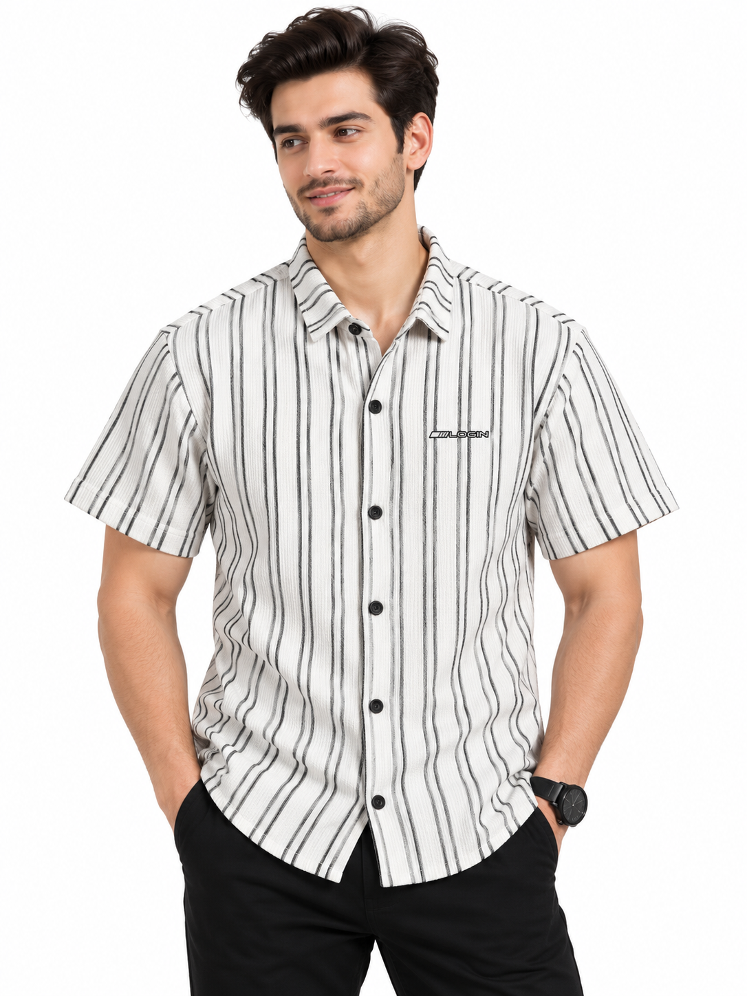 Men’s White & Black Vertical Stripe Short Sleeve Shirt