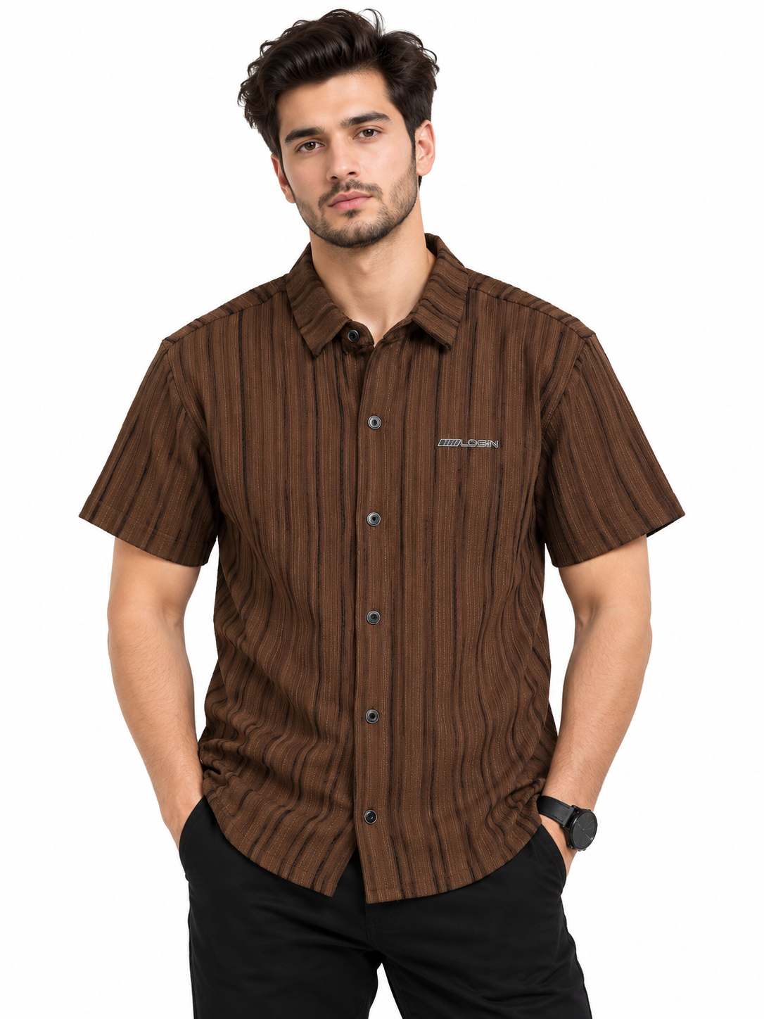 Men’s Dark Brown Textured Stripe Short Sleeve Shirt