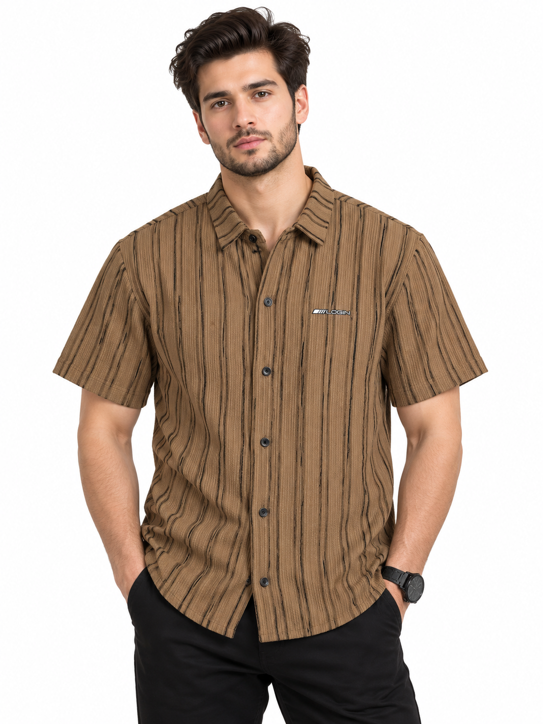Men’s Brown Textured Stripe Short Sleeve Shirt