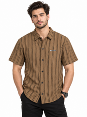 Men’s Brown Textured Stripe Short Sleeve Shirt